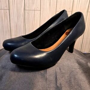 Clarks Artisan Navy Blue Leather Block Heel Pumps Shoes Women Size 7.5M
